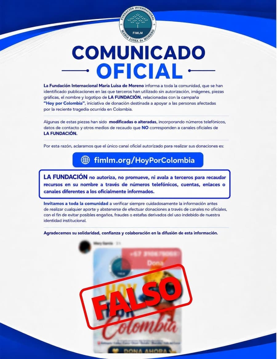 ⚠️ ¡Atención! La Fundación Internacional María Luisa de Moreno informa a toda la comunidad, que se han identificado publ